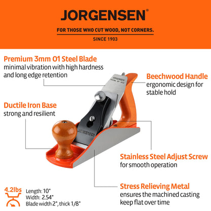 JORGENSEN No.4 10" Wood Plane , Hand Plane for Woodworking, Professional Smoothing Plane for Trimming, Craft - Hand Plane with Ductile Iron Body, Adjustable Cutting Depth