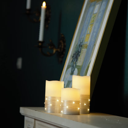 H-BLOSSOM Flickering Flameless Candles Ivory Real Wax Pillar with Embedded String Lights LED Candles Battery Operated with 10 Key Remote and Cycling 5H Timer Set of 3 (3" x 4"/5"/6") (Silver)