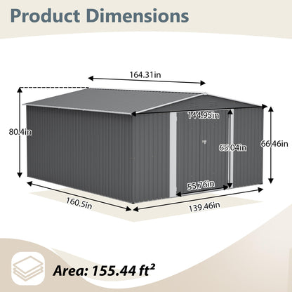 12'x14' Galvanized Steel Outdoor Storage Shed with Built-in Raised Metal Floor, Lockable Double French Hinged Doors & 4 Top Air Vents, Extra Large Garden Tool Shed, Gray