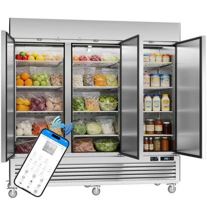 VEECOOL 72 cu.ft Commercial Refrigerator WiFi-Enabled, 82" Two Section Full Door Stainless Steel Reach in Refrigerator, LED Lighting, App and Digital Control, R290 Refrigerant, ETL&ETL Sanitation