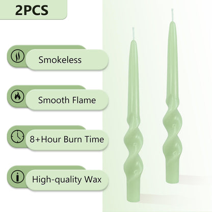 Green Taper Candles Spiral Smokeless Tapered Candles Long Twisted Candlesticks Unique Unscented Candle for Wedding Dinner Party Home Decoration