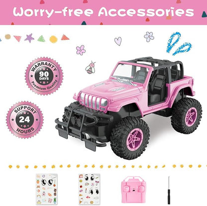 NQD RC Cars with DIY Sticker Pink Remote Control Car for Girls 2.4Ghz Jeep RC Trucks Little Girl Toys Birthday Xmas for 3 Years Old and Up