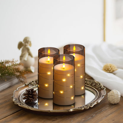 Flickering Flameless Candles with Remote Timer, 6pcs LED Battery Operated Candles with Embedded String Lights Grey, D3 H6
