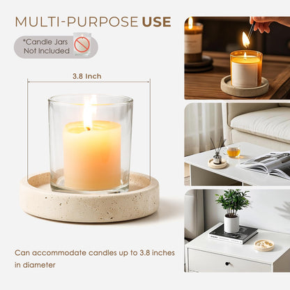 WORHE Candle Holders Italy Premium Natural Marble Candlestick Holder for Jar Pillar Candles Large Round Coaster Plate Jewelry Tray Centerpiece for Wedding Dining Table Home Decor Beige (WH063)