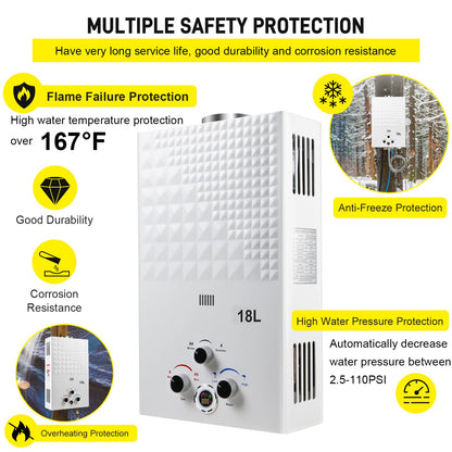 Tankless Water Heater Propane 4.74GPM 18L Outdoor Portable GasHot Water Heater Instant Propane Water Heater with Digital Display Multi-Protection for Camping Trips Boat