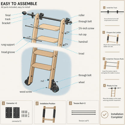 Leinuosen 95 Inch Rolling Library Ladder with 4ft Track Kit, Solid Oak Wood Ladder with Braking Wheels, Sliding Kit for Home, Bookshelf, Loft((Suitable for Installation Height 89-3/4")