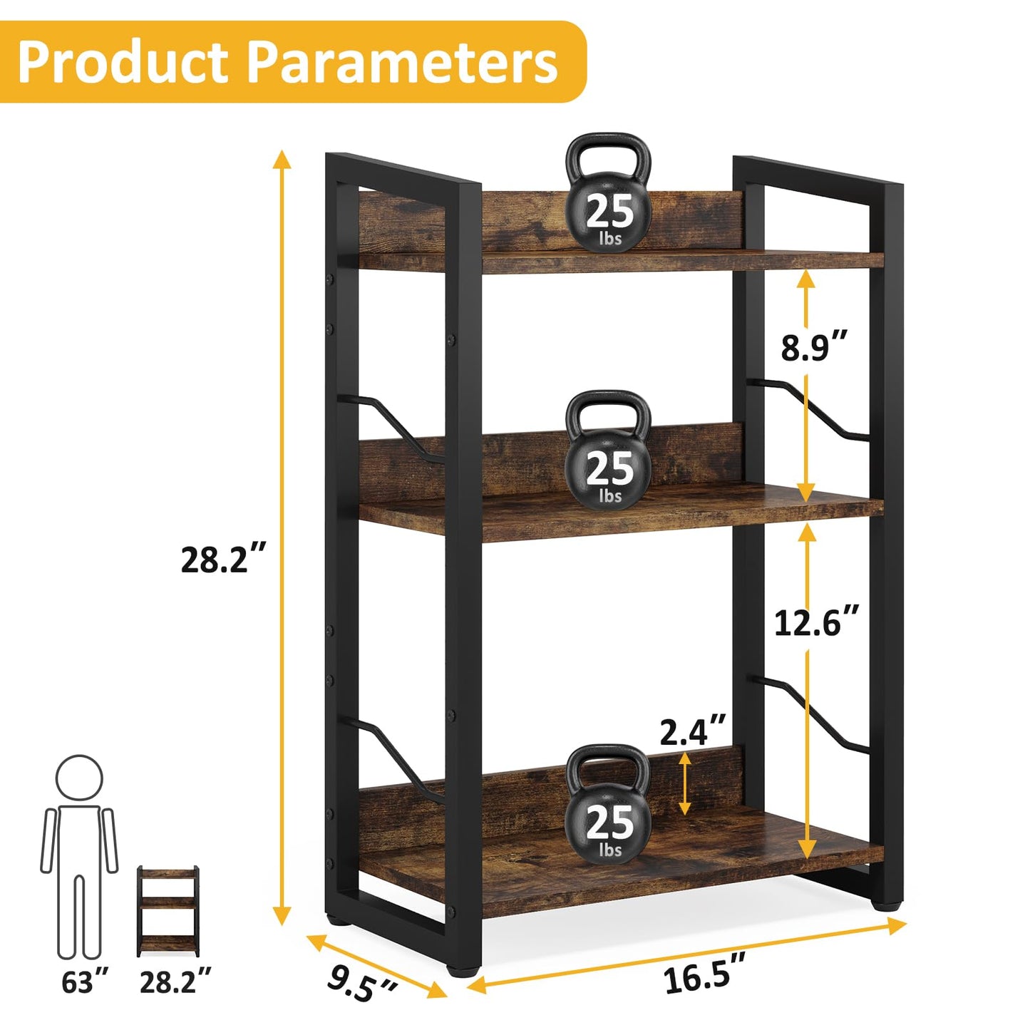 Hosfais Book Shelf Small Bookshelf: 3-Tier Wood Bookcase Industrial Bookshelf with Edge Protection Metal Narrow Bookcase Storage Organizer Display Rack for Bedroom Home Office (Rustic Brown)
