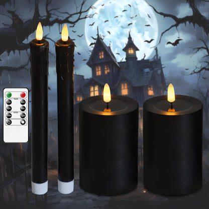 Lezonic Halloween Black Flameless Candles with Remote, Battery Operated Real Wax with Dripping Effect, Flickering LED Candles for Fireplace, Shelf, Centerpiece, Set of 4 (9.5" Taper & 5" Pillar