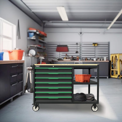 Griplier 7-Drawers Professional Tool Cart Cabinet,Rolling Tool Chest with Double Shelves,Wood Workbench,51.1W x 18.9D x 32.3H inches for Garage, Workshop, or Outdoor Use(7 Drawers + 258 Pieces Tool)