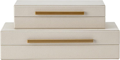 Skiennix Set of 2 Beige Shagreen Decorative Storage Boxes - Faux Leather Jewelry & Memory Organizers