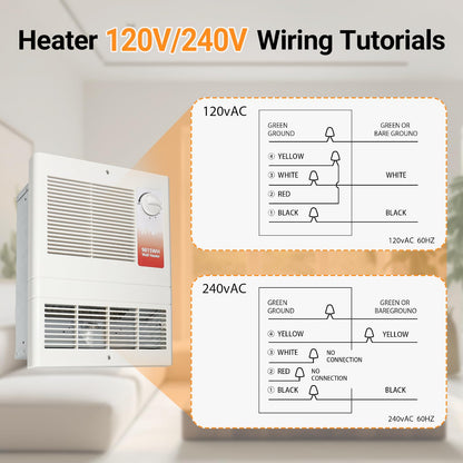 9815WH Large Capacity Electric Wall Heater with Built-in Adjustable Thermostat and Silent Motor, Overheat Protection, 1500 Watts, 120/240 Volts, White