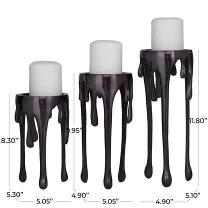 CosmoLiving by Cosmopolitan Aluminum Metal Decorative Candle Holder Pillar Candle Stand with Dripping Melting Designed Legs, Set of 3 Candlestick Holder 12", 10", 8"H, Black