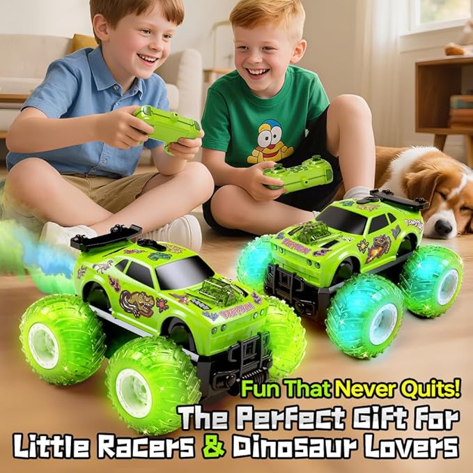 Remote Control Car for Toddler Monster Truck for Boy Age 4-7 with Dinosaur DIY Sticker Headlight Colorful Light Spin and Mist Birthday Gift Toy for Boy Age 3-5 5-7