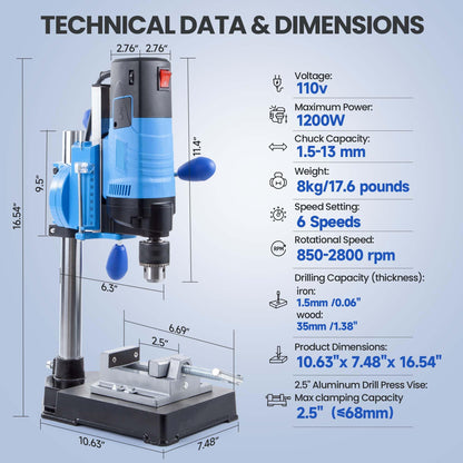 bellaDimora Mini Benchtop Drill Press — 1200W 6-Speed 2800rpm, 16-Piece Multi-Material Drill Bit Kit, 360° Rotation, 3.15 in Drilling Depth, Workshop Stand