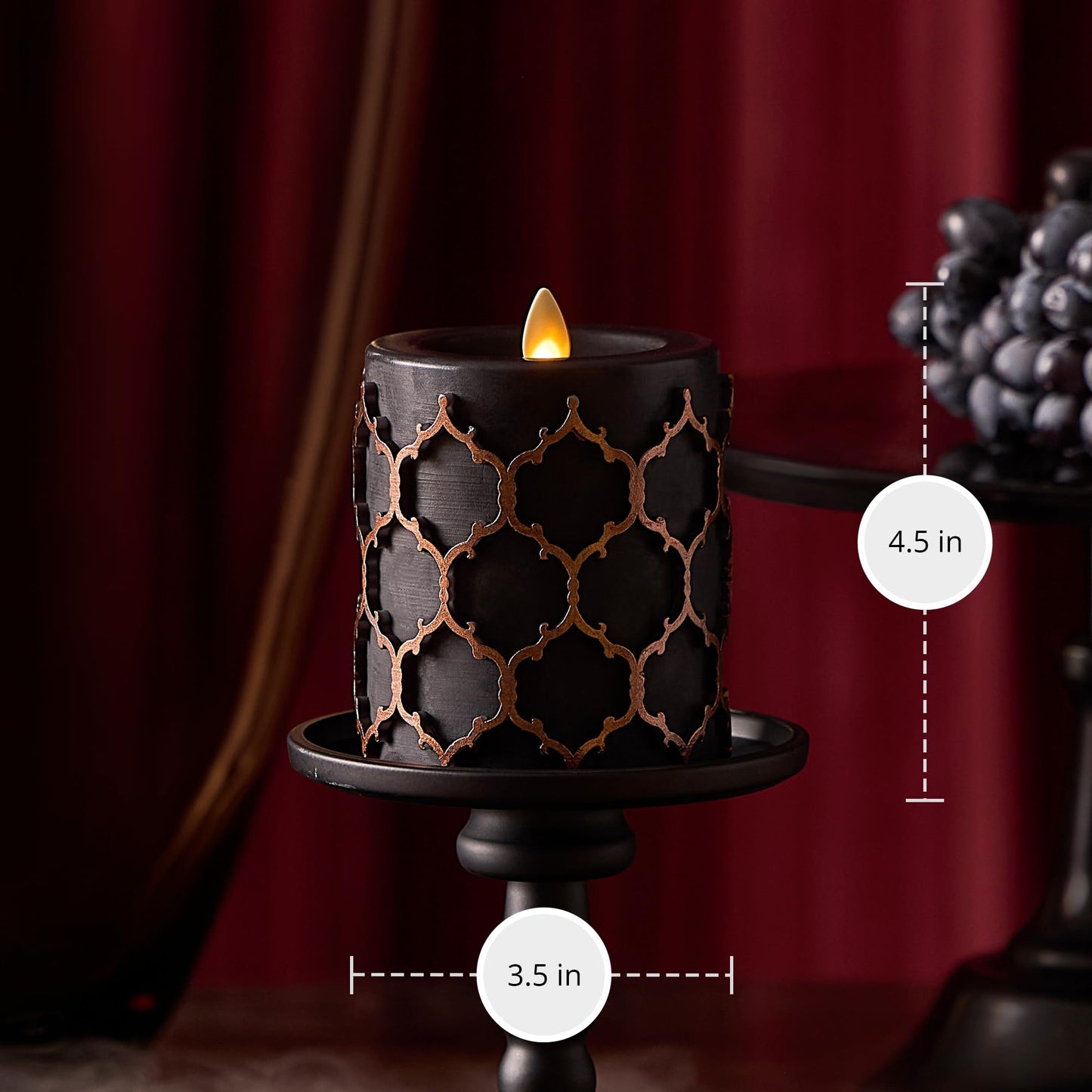 Luminara Black Embossed Fretwork 3.5" x 4.5" Pillar, AA Battery Operated w/Timer Function, Flickering Flameless LED Light Real Wax Candle for Indoor Home Decoration, for Dining Room Table Centerpiece