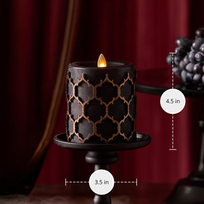 Luminara Black Embossed Fretwork 3.5" x 4.5" Pillar, AA Battery Operated w/Timer Function, Flickering Flameless LED Light Real Wax Candle for Indoor Home Decoration, for Dining Room Table Centerpiece