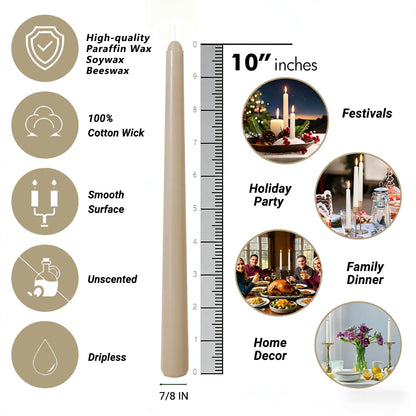 Unscented Light Mocha Taper Candles 10 Inch, 7-8 Hour Long Burn Time, Drip-Less & Smokeless, 20-Pack Bulk Candles for Wedding Centerpieces Dinner Parties and Home Decor