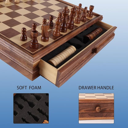 GSE Games &amp Sports Expert 15 Large Wooden 2-in-1 Chess &amp Checkers Board Game Combo Set with Drawer Board Games Chess Checker Set for Kids &amp Adults