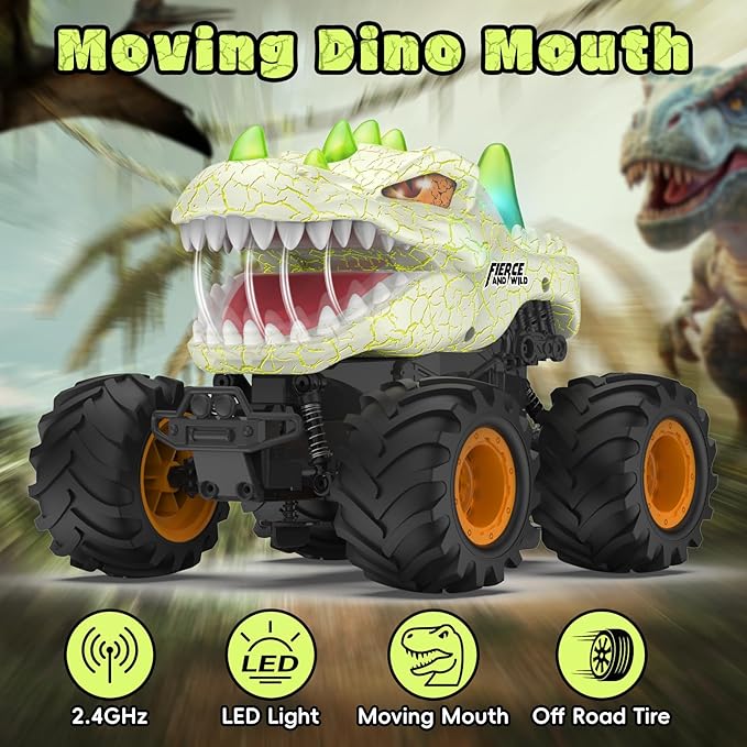 Dinosaur Remote Control Car 2.4GHz Monster Truck Toys Rechargeable RC Cars 1:24 Scale RC Truck with LED Light Movable Mouth Dinosaur Cars Toys for Kids 6-8 8-12 Birthday Gift Orange