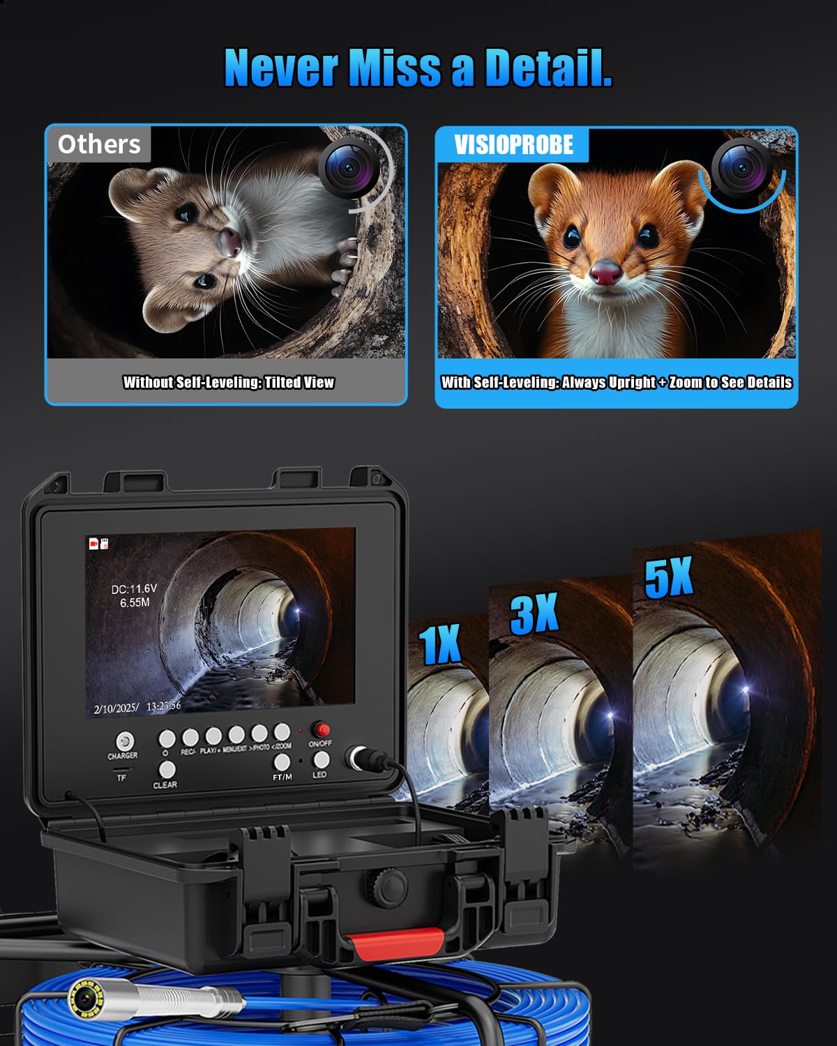 Sewer Camera Self Leveling 9'' with 512Hz Sonde & Meter Counter, 100ft Drain Inspection Camera w/ 7MM Cable, 12 LEDs, 23MM 1080P Self Leveling Probe, Waterproof 32GB DVR Pipe Endoscope for Plumbing