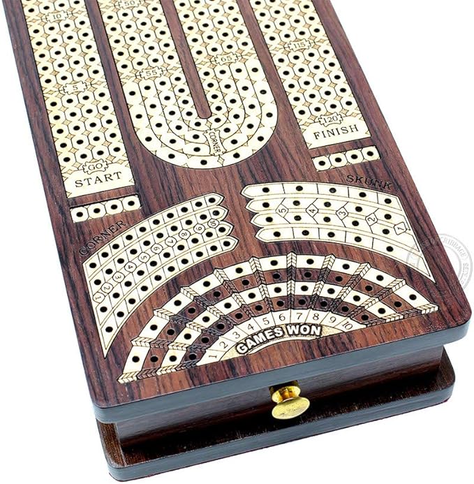 House of Cribbage - Continuous Cribbage Board/Box Inlaid in Rosewood/Maple : 4 Track - Side Drawers with Score Marking Fields for Skunks Corners and Won Games
