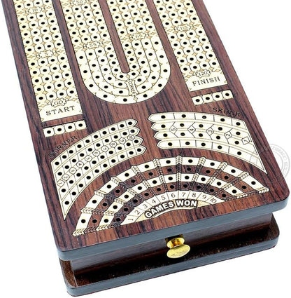 House of Cribbage - Continuous Cribbage Board/Box Inlaid in Rosewood/Maple : 4 Track - Side Drawers with Score Marking Fields for Skunks Corners and Won Games