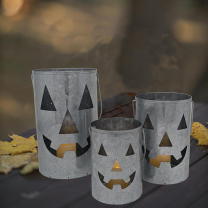 One Holiday Way Set of 3 Rustic Galvanized Metal Jack-o-Lantern Pumpkin Decorative Halloween LED Votive Candle Holder Lanterns - Indoor Outdoor Decoration - Spooky Country Farmhouse Party Home Decor