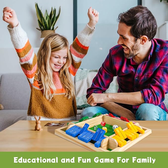 Shut The Box Dice Game 12 Inch Upgraded 2-4 Player Wooden Dice Game Math Addition Games Close The Box Family Wooden Dice Board Game for Kids Adults Tabletop Version for Classroom Home Party or Bar