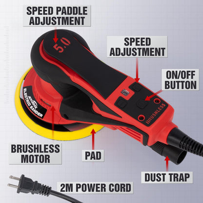Autolock Electric Random Orbital Sander, 350W Brushless Motor with 5 & 6 Inch Pads, 10000RPM Palm Sander for Woodworking, Sanding and Polishing (1pcs)