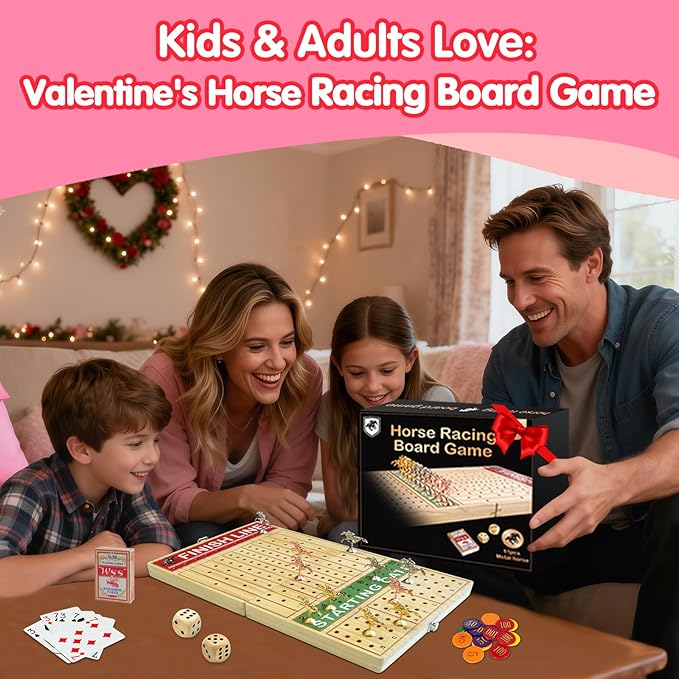 FUNNYB&ampG 21 inches Horse Race Board Game Foldable Large Horse Racing Game for Adults with 11 Metal Horses Solid Wood 60 Pcs Poker Chips 2 Dice 1 Pack of Cards for Family Tabletop Parties(Log)