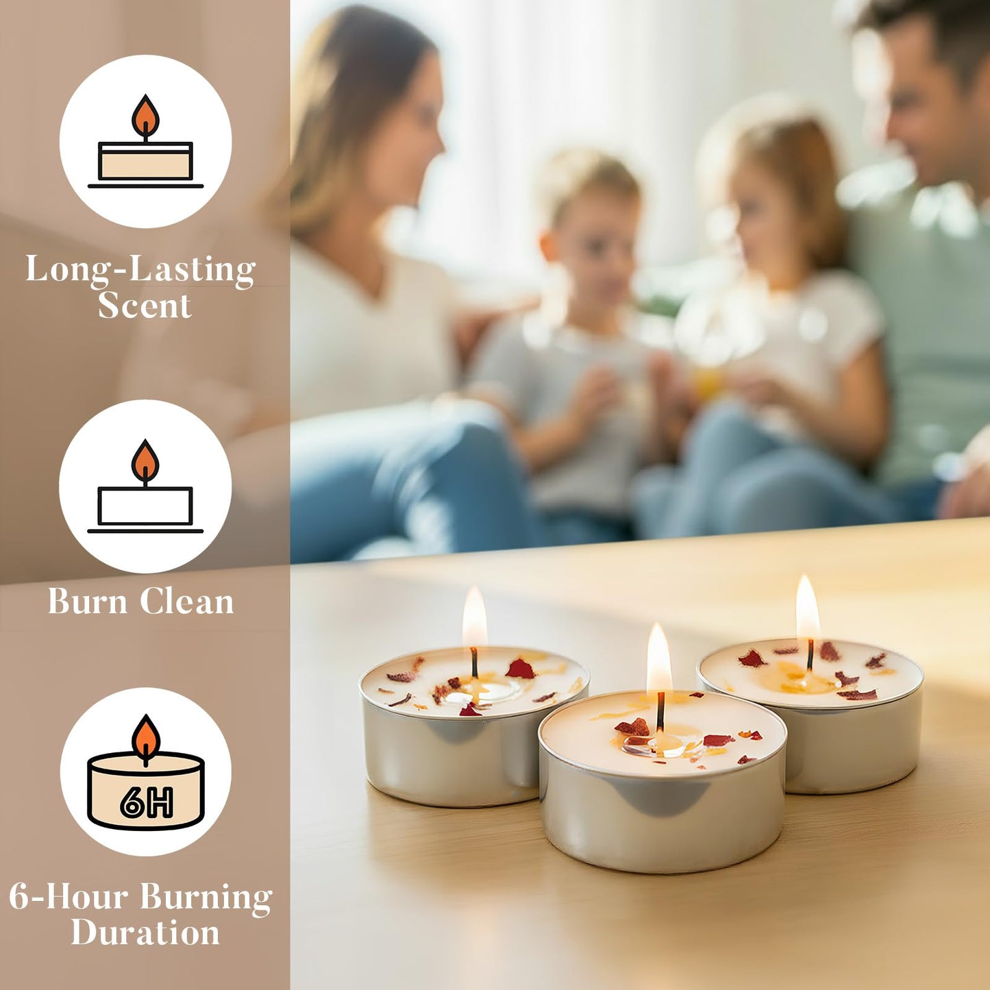16 Pack Rose Tealight Candles with Real Dried Petals, Natural Soy Wax, 6-Hour Burn Time for Home, Wedding or Bath Decor