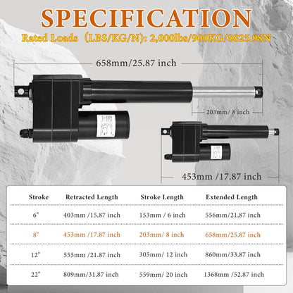8" Heavy Duty Linear Actuator | 8 Inch Stroke | 12V | 2000 lbs Force | IP65 Protection | Replace for PA-17 | High Force Linear Actuator for Industrial Agriculture Agriculture Automotive