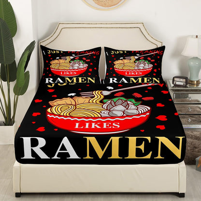Feelyou Queen Size Ramen Bed Sheets Set Boys Girls Japanese Style Sheet Set for Kids Women Men Ultra Soft Hokusai Sheets with Deep Pocket Fitted Sheet Traditional Retro Theme Room Decor