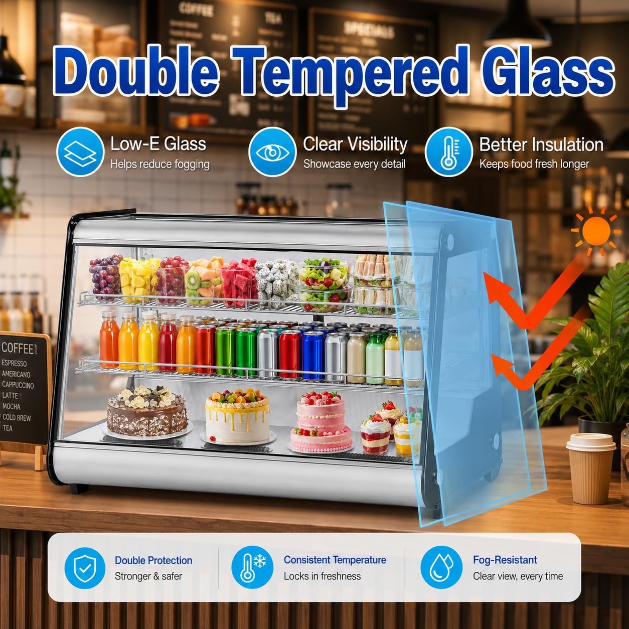 8.1 Cu.Ft Commercial Glass Door Refrigerator | Countertop Display Fridge with LED Lighting for Bakeries, Cafes, Convenience Stores | Energy Efficient, Adjustable Shelves, Auto-Closing Door