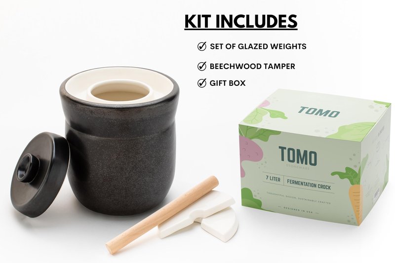 TOMO Fermentation Crock with Weights - Ceramic Sauerkraut Pickling Crock - Stoneware Kombucha Brewing (3L)