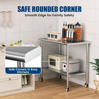 Chingoo Stainless Steel Work Table with Wheels, 24x48 Inch NSF Kitchen Prep Table with Adjustable Undershelf for Commercial Restaurant, Garage, Outdoor BBQ
