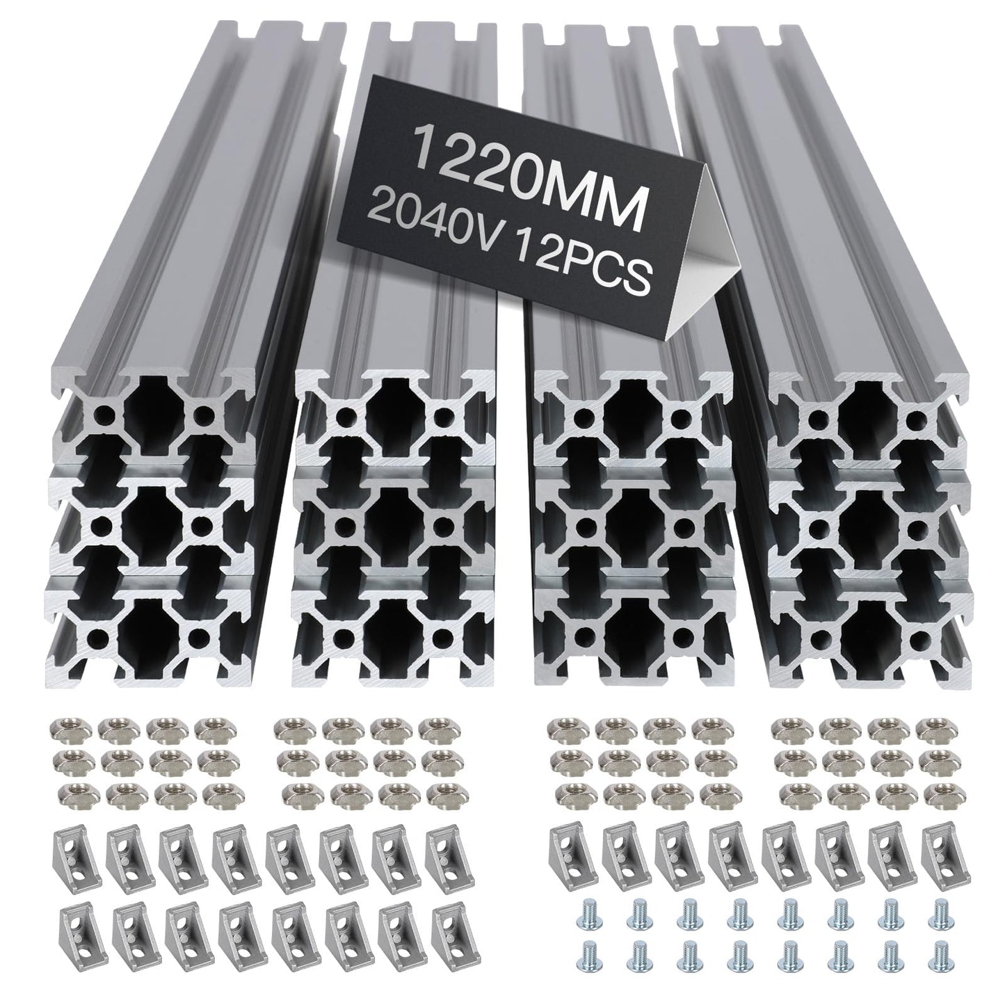 12pcs 1220mm 2040 V-Slot Extrusion Aluminum Profile, Anodized Linear Rail for 3D Printer Frame, CNC Machine, DIY Robotics & Structural Projects Silver