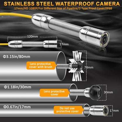 Sewer Inspection Camera, Pipe Drain Camera w/Distance Counter, Plumbing Snake Camera with light, 9'' HD IPS Screen,16X Digital Zoom,32GB Card,165FT/50M,IP68 Waterproof Borescope for Industrial Plumber
