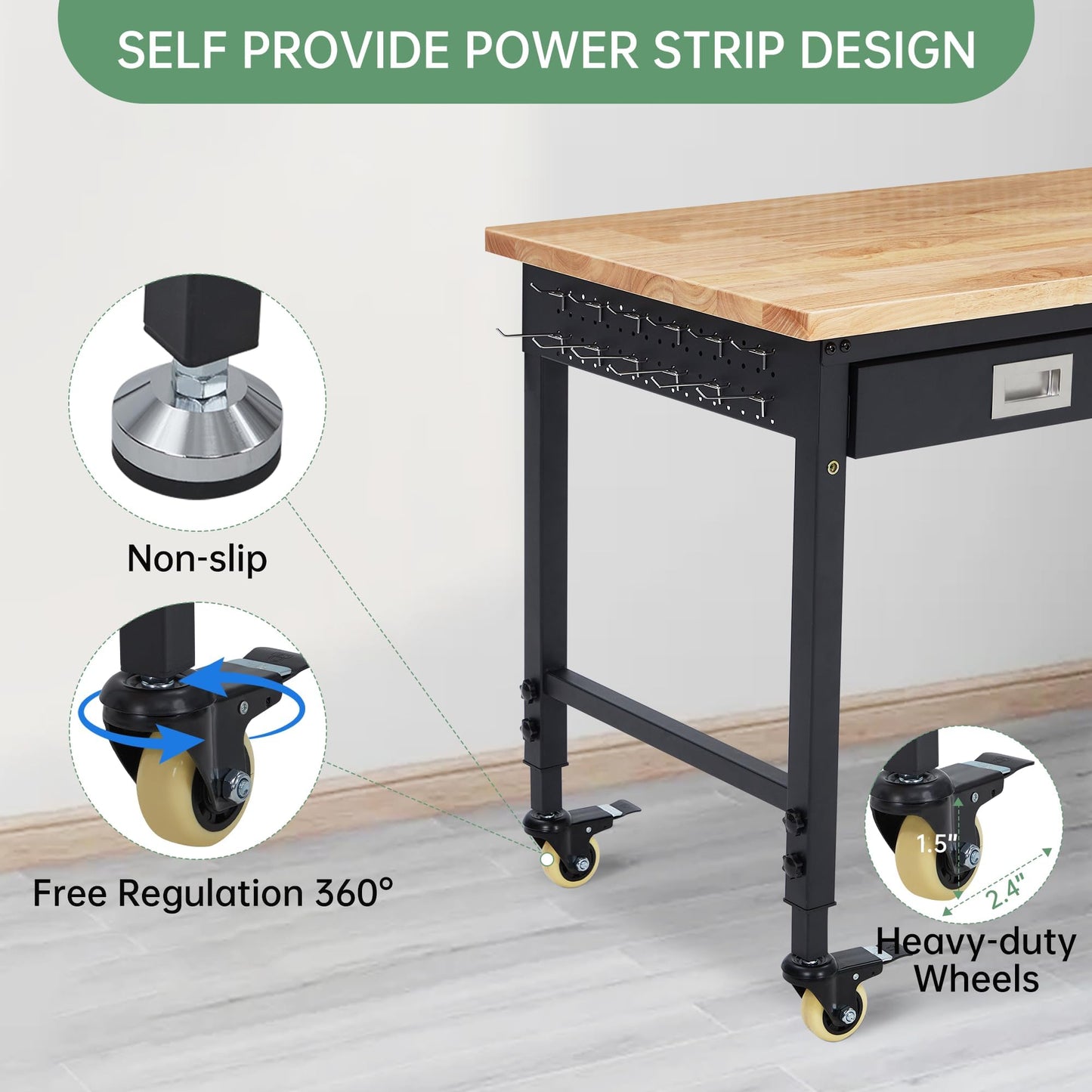 48" Work Benches for Garage, Adjustable Workbench with Wheels, Drawers, Power Outlet & Rubber Wood Top, 2000LB Tool Bench Shop Table for Woodworking, Office, Home (48x24 Inch with Drawer)