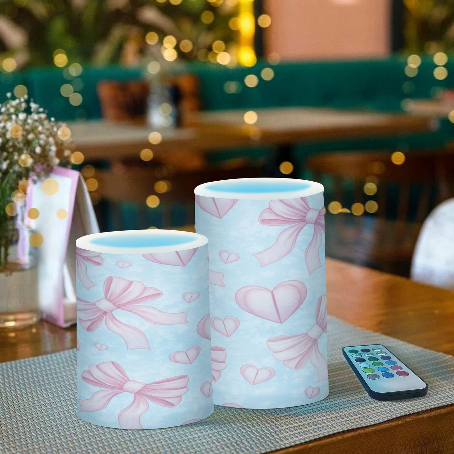 ALAZA Hearts Pink Bows Flickering Flameless Candles Battery Operated with Remote Timer,Tea Light Candles LED Pillar Votive Candles Set of 2 for Outdoor Indoor Decorations