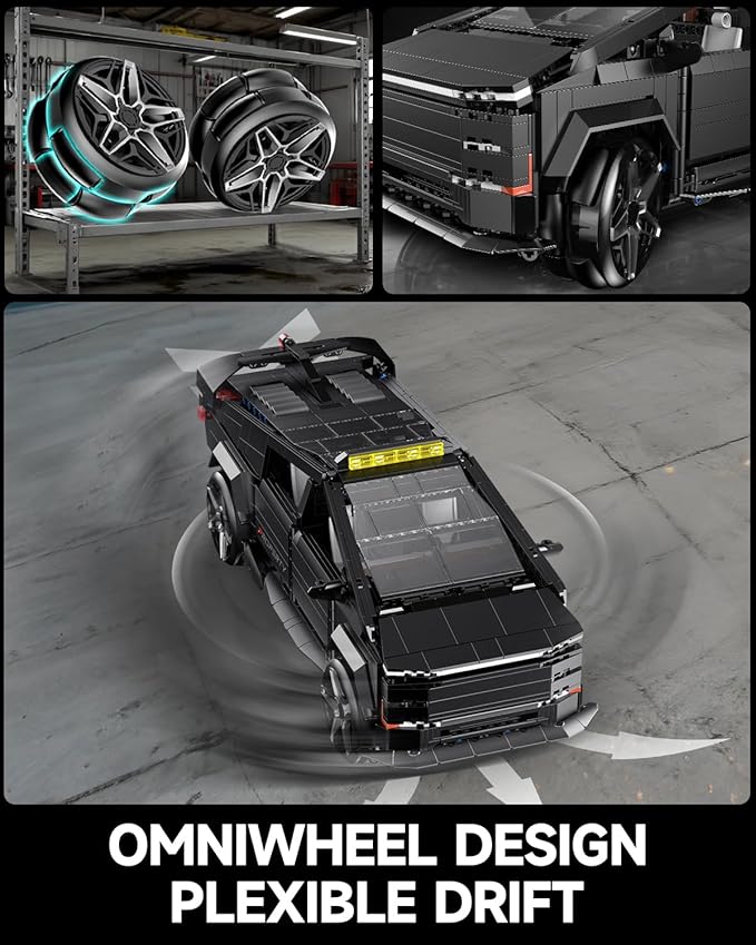 Remote Control Building Kit Futuristic Cyber Truck Model Black Electric RC Vehicle with Omniwheel Drift 1572 Pieces Construction Set for Adults 14+
