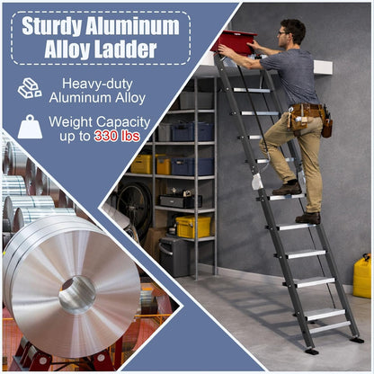 Foldable Aluminum Loft Stairs Ladder 8.5ft / 9ft / 9.5ft / 10.5ft / 11.5ft, Heavy Duty Bunk Bed ladders with Handrails ＆ Hooks, 10 Step Attic Ladder for Small Opening, Load 330 lbs