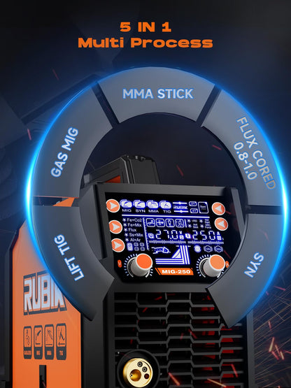 RUBIK Aluminum MIG Welder 250Amp, 5 in 1 MIG/Stick/Lift TIG Welder Gas Gasless Digital MIG Welder 110V/220V Dual Voltage LCD Display Welding Machine, Professionals Multi Process Welder