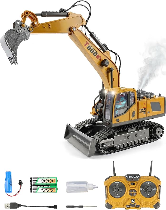 RC Excavator Toy with 4*Battery Set for Boys 11-Channel Remote Control Excavator Alloy Bucket Metal Construction Vehicle with LED Lights Sound and Water Spray Exhaust for Kids