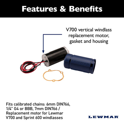 Lewmar Motor Kit, Fits Calibrated Chains: 6mm DIN766, 1/4" G4 or BBB, 7mm DIN766 / Replacement Motor for V700/Sprint 600 Windlasses - 2020200923