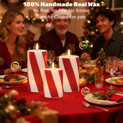 Wondise Christmas Red Stripes Glitter Flickering Flameless Candles with Remote Timer, Battery Operated Pillar Candles Real Wax LED Candles for Home Christmas Decoration Gift(D3 x H4 x5 x6)