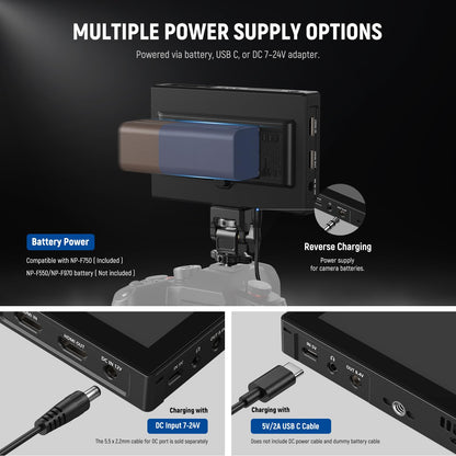 NEEWER 5.5" Camera Field Monitor, 2000nit HD 1920x1080 IPS Touch Screen, 4K HDMI Loop in/Out with 3D LUT Peak Focus DSLR Video Assist HDR Waveform, 5200mAh F750 Battery, DC7-24V/Type C 5V In, F500 PRO