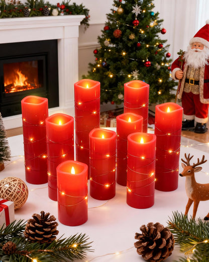 Red Flameless Pillar Candles with String Lights – 9 Pack Real Wax LED Candles, Remote Controlled with 2/4/6/8H Timer, Each Uses 2 AA Batteries (Not Included) for Christmas & Holiday Home Décor
