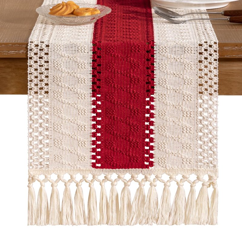 Socomi Boho Table Runner Easter Spring Farmhouse Rustic Dining Kitchen Centerpiece Decor Small Macrame Woven Cotton Linen Coffee Table Runner for Dresser Scarf Home Decor 12x72 in Red Ivory