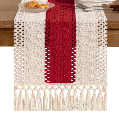 Socomi Boho Table Runner Easter Spring Farmhouse Rustic Dining Kitchen Centerpiece Decor Small Macrame Woven Cotton Linen Coffee Table Runner for Dresser Scarf Home Decor 12x72 in Red Ivory
